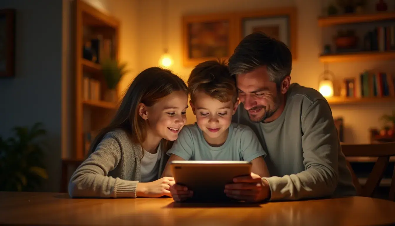 Familie nutzt gemeinsam KI am Tablet — Eltern begleiten Kinder bei der sicheren Nutzung von Künstlicher Intelligenz