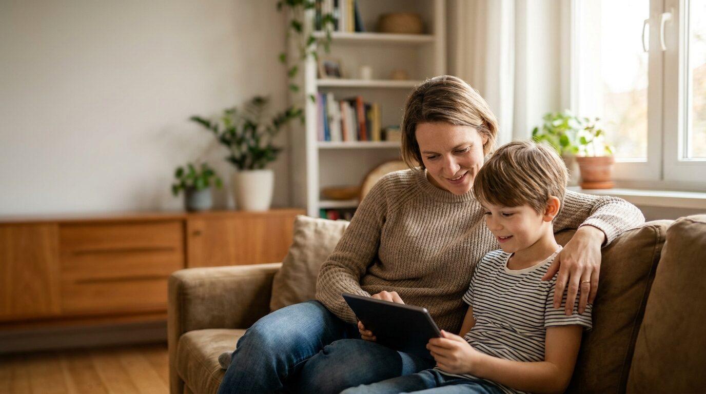 Mutter und Kind sitzen warm zusammen am Tablet